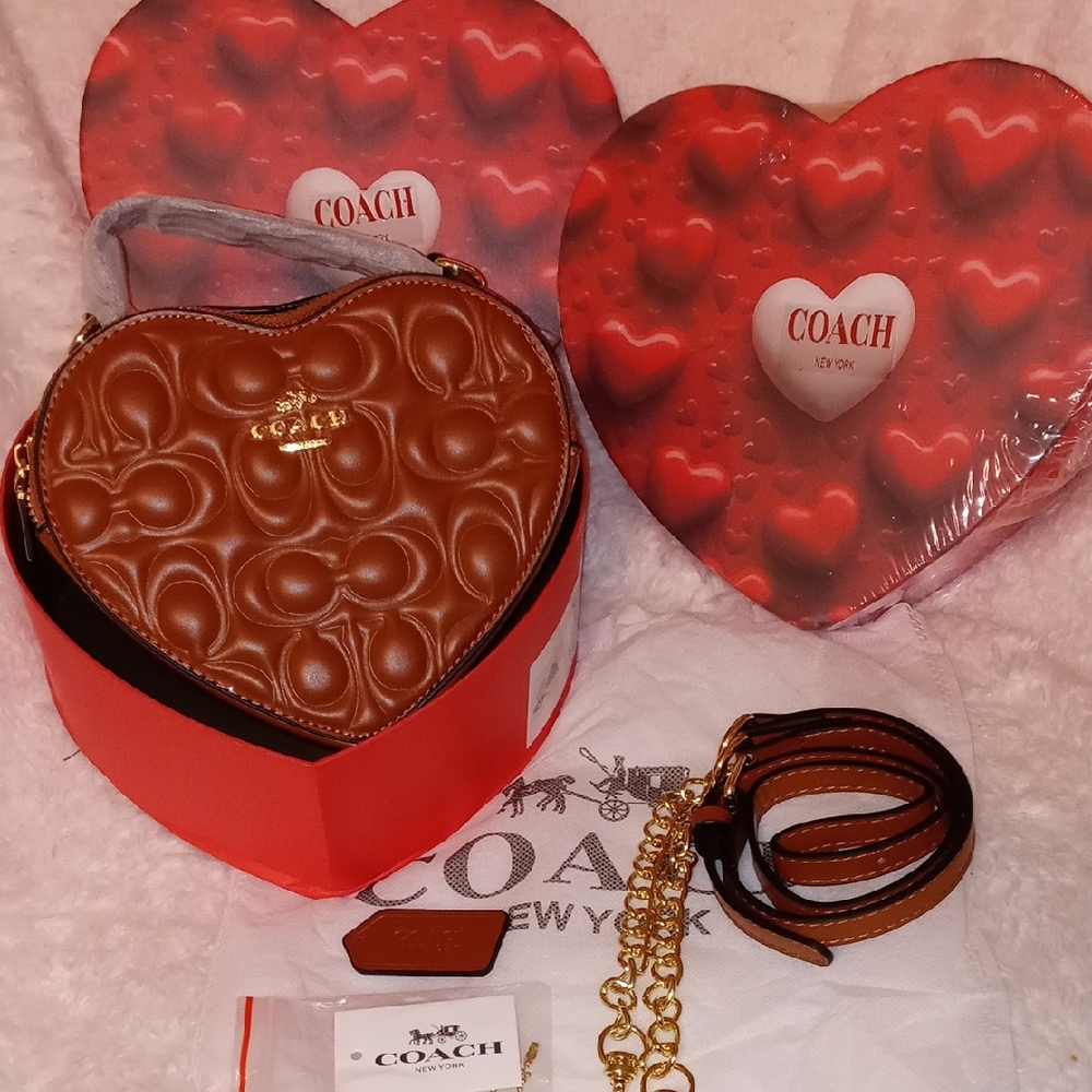 Coach 3D Print Heart Crossbody Bag in Brown with Gold Hardware